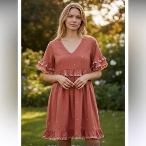 Anthropoogie Ruffled V-Neck Tunic Dress in Coral